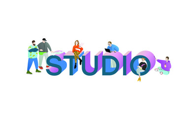 Vector image, 3d text studio, surrounded by inspired people working