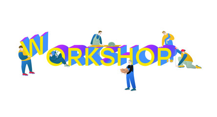 Vector image, 3d inscription workshop and workers working around