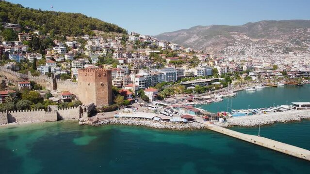 The Kizil Kule (Red Tower) and Alanya coastline, Turkey