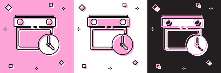 Set Calendar and clock icon isolated on pink and white, black background. Schedule, appointment, organizer, timesheet, time management. Vector