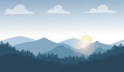 sunset in mountains Vector illustration of the pine trees forest receding into the distance on the background