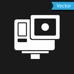 White Action extreme camera icon isolated on black background. Video camera equipment for filming extreme sports. Vector