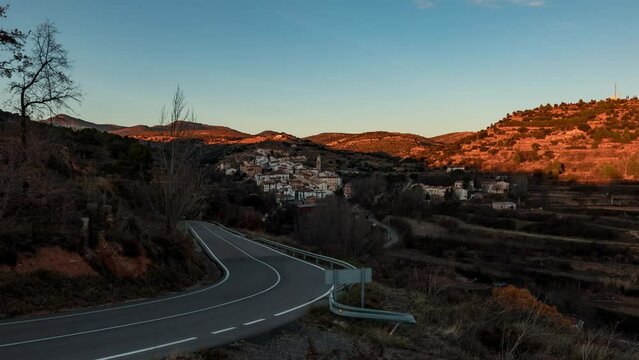 Time lapse of dusk in the small town of Cortes de Arenoso, Comunidad Valenciana, Spain.