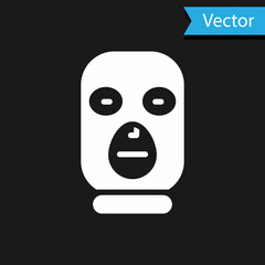 White Thief mask icon isolated on black background. Bandit mask, criminal man. Vector