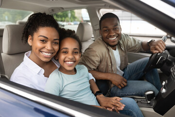 African American Family Of Three Driving Car Sitting In Automobile