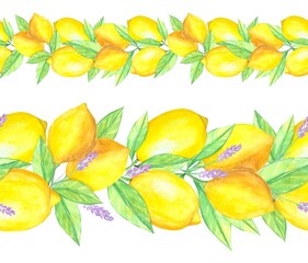 Seamless borders with lemons, watercolor