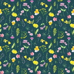 Floral seamless pattern of wild flowers, watercolor