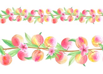 Obraz na płótnie Canvas Seamless borders with ripe peaches, watercolor