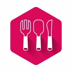 White Fork, spoon and knife icon isolated with long shadow background. Cooking utensil. Cutlery sign. Pink hexagon button. Vector