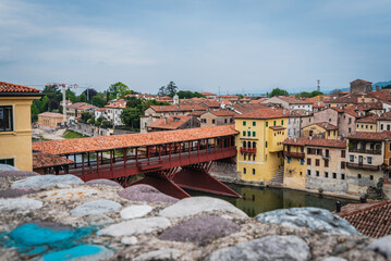 Fototapeta premium View of Bassano del Grappa with the Brenta River and the Alpini Bridge, Vicenza, Veneto, Italy, Europe