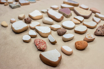 Marine ceramics, fragments of tiles washed and turned with water. Fragments are small, different colors.