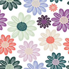 Fototapeta na wymiar Wild chamomile flowers are multicolored. Seamless summer pattern with large flowers on a white background. For printing on modern fabrics, fashionable textiles. 