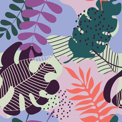 Tropical leaves are purple and green. Seamless cute pattern with beautiful plants for decorative textiles, fashion fabrics. 
