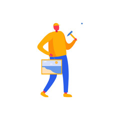 Man hanging picture on the wall. man hammering a nail. Vector flat style