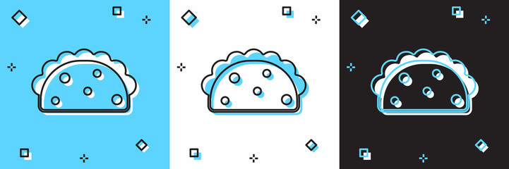 Set Taco with tortilla icon isolated on blue and white, black background. Traditional mexican fast food menu. Vector