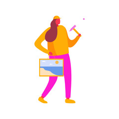 Young woman hanging photo frame on wall at home. Man hammering a nail. Vector flat style