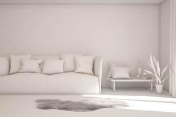 White living room with sofa. Scandinavian interior design. 3D illustration