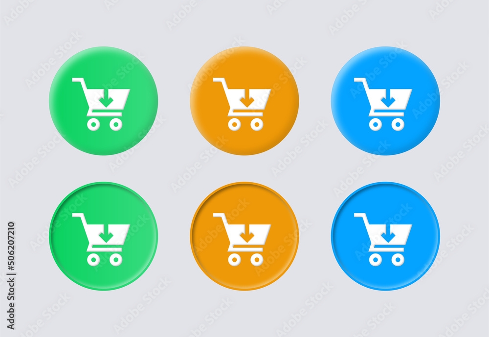 Poster add to shopping cart icon button 3d, shop basket symbol with arrow down - buy icons buttons in colors orange, green, blue, colorful icon button