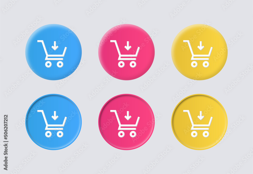 Poster add to shopping cart icon button 3d, shop basket symbol with arrow down - buy icons buttons in colors yellow, rose, red, blue, colorful icon button