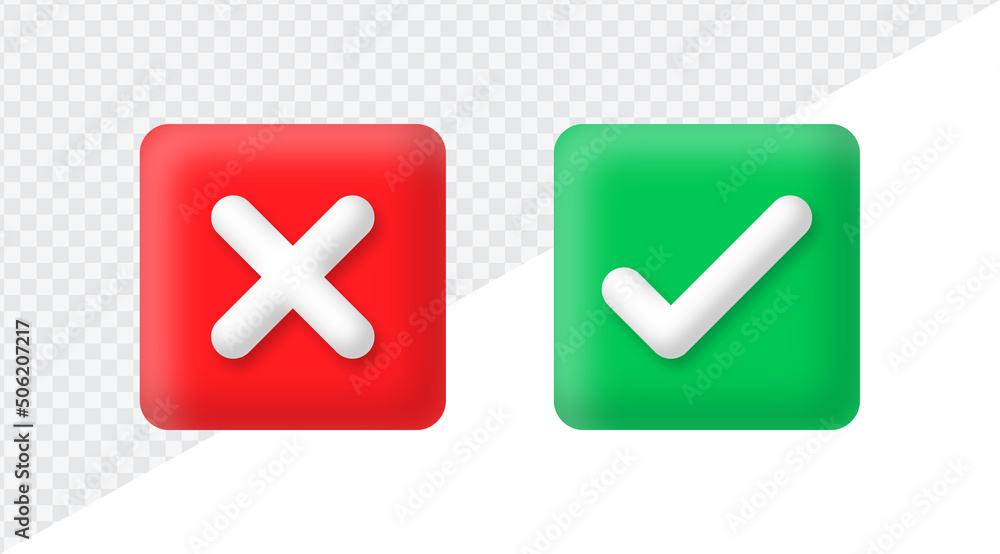 Aufkleber 3d checkmark icon button correct and incorrect sign or check mark box frame with green tick and red cross symbols - yes or no 3d icons buttons