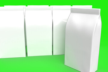 3D Illustration - Blank and empty coffee packages on a green screen.
