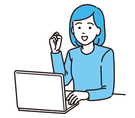 ノートパソコンで仕事をする女性　がんばるポーズ　イラスト