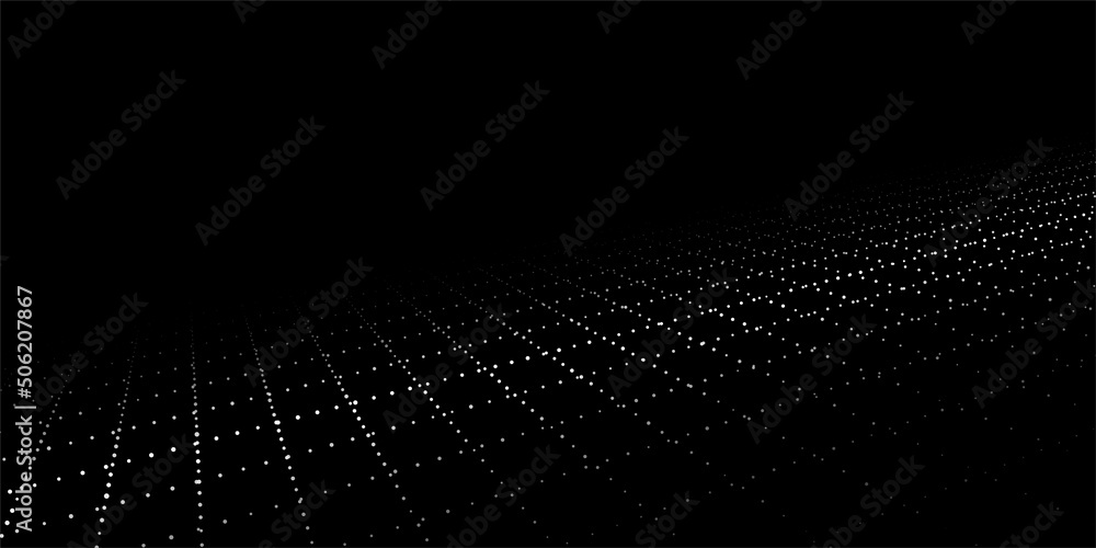 Poster dynamic flow of digital particles. perspective grid of interlaced dots. network connection structure