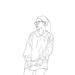 Girl with glasses line drawing. 
