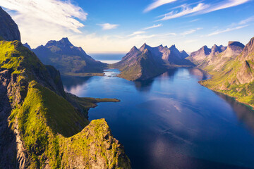 Naklejka na ściany i meble Aerial view of mountains and fjords around Reine in Lofoten islands, Norway