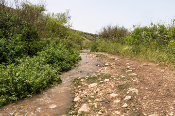Fototapeta na wymiar En Arbel Stream flows under Mount Arbel, located on the coast of Lake Kinneret - the Sea of Galilee, near the city of Tiberias, in northern Israel