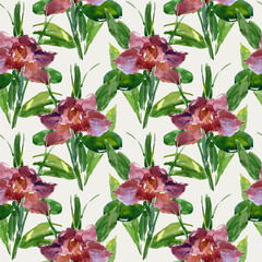 Seamless pattern of bright pink orchid painted with watercolors on a cloud dancer background. For fabric, sketchbook, wallpaper, wrapping paper.