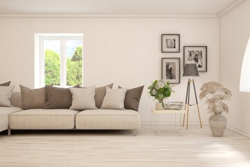 White living room with sofa. Scandinavian interior design. 3D illustration