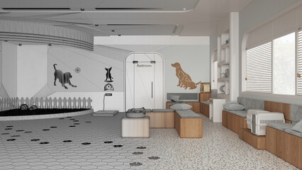 Architect interior designer concept: hand-drawn draft unfinished project that becomes real, veterinary clinic. Sitting waiting room, play garden with grass and toys for dogs and cats