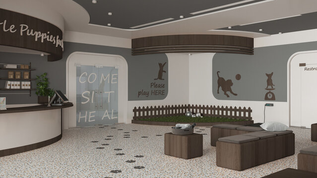 Veterinary clinic waiting room in dark wooden tones. Reception desk, comfortable sitting area with benches, play garden with grass and toys for cats and dogs. Interior design concept
