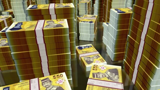 Brunei dollar money notes packs loop. 3D flight over 50 BND banknotes stacks towers. Loopable seamless abstract background concept of business, economy crisis and finance.