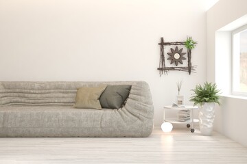 White living room with modern sofa. Scandinavian interior design. 3D illustration