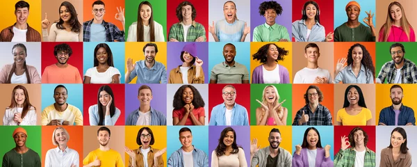 Smiling millennial and senior international men and women make gestures and signs with hands © Prostock-studio