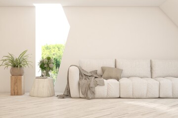 White living room with sofa. Scandinavian interior design. 3D illustration