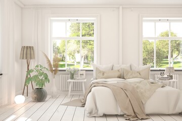 White bedroom interior in a comfortable home with summer landscape in window. Scandinavian design. 3D illustration