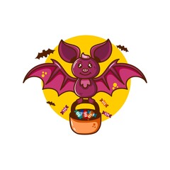 flying bat illustration carrying a candy basket hand draw style