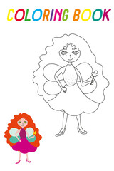 Educational game for children. Coloring book. Vector graphics. Red-haired fairy with curly hair