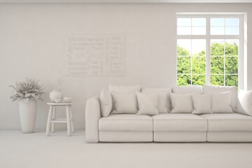 Mock up of stylish room in white color with sofa and green landscape in window. Scandinavian interior design. 3D illustration