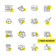 Cyber Monday seasonal e-commerce holiday sale event. Pixel perfect, editable stroke line art icons set