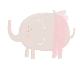 Cute Baby Shower Vector Illustration with Funny Hand Drawn Elephant Ballerina Isolated on a White Background. Sweet Nursery Art with Little Baby Elephant Wearing Pink Skirt.