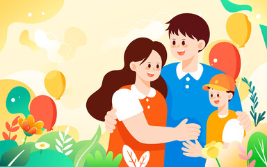 Father's day family hugging together, parent-child interaction, vector illustration