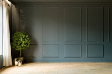 Dark empty room with green home plant. Classic interior design. 3D illustration