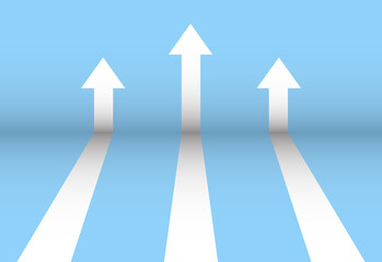Business arrow target background. Direction concept to success. Finance growth vision  symbol. White arrows stretching rising up on blue backdrop. Profit increase chart. Return on investment vector.