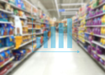 Business graph with blur image of pet food aisle in super market