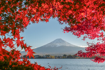 Mount Fuji and Lake kawaguchiko in autumn. It is a popular tourist destination.