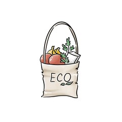 Farm organic fruit and vegetables in reusable paper packages, textile bag, basket, wooden box. Green grocery. Eco friendly shopping. Ecology concept. 